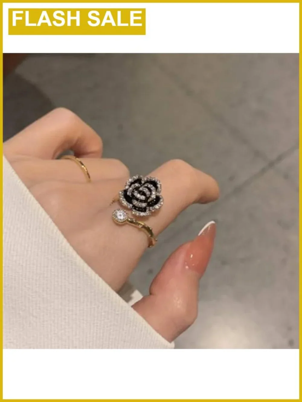CZ Crystal Rose Flower Open Ring Adjustable Stacking Band